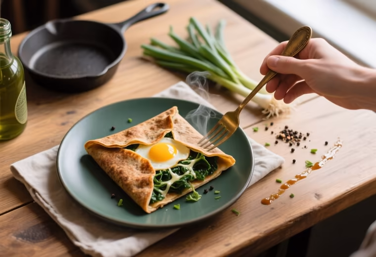 Spring Buckwheat Galette Complète with Wilted Greens and Soft Egg