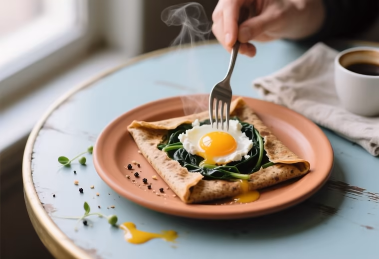 Spring Buckwheat Galette with Soft Egg, Chard & Chèvre
