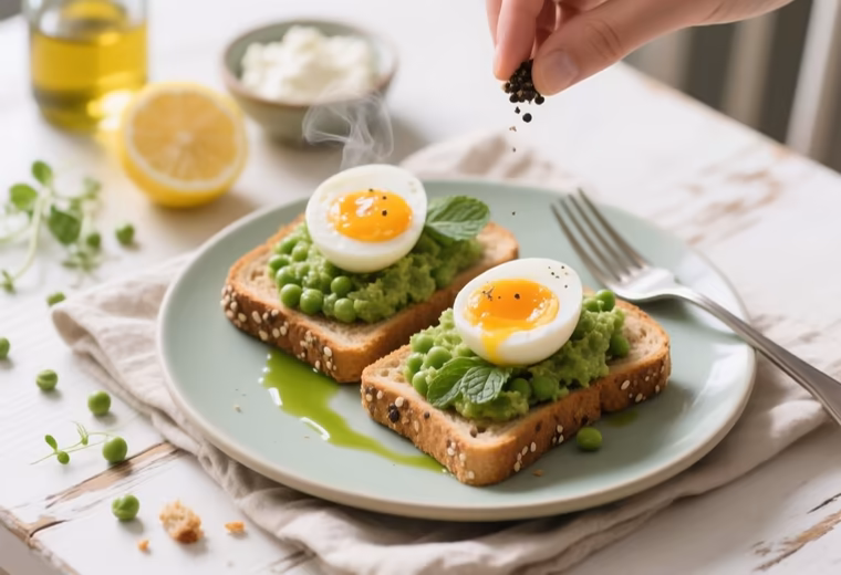 Spring Pea and Mint Smash on Seeded Toast with Soft Eggs