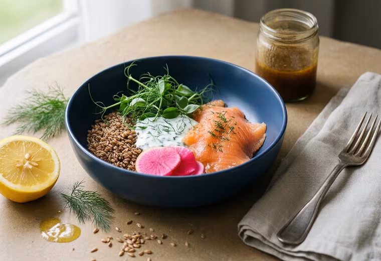 Spring Whole Rye Grain Salad with Smoked Salmon & Skyr-Dill Dressing