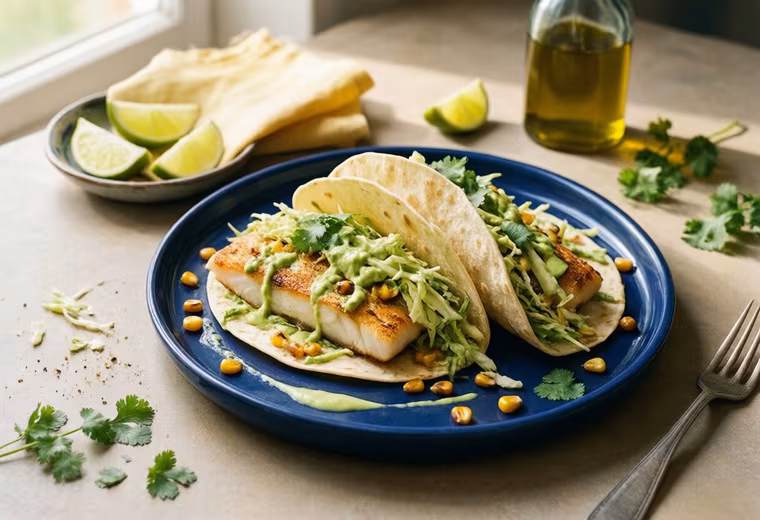 Summer Baked Cod Tacos with Lime-Cilantro Cabbage and Avocado Crema