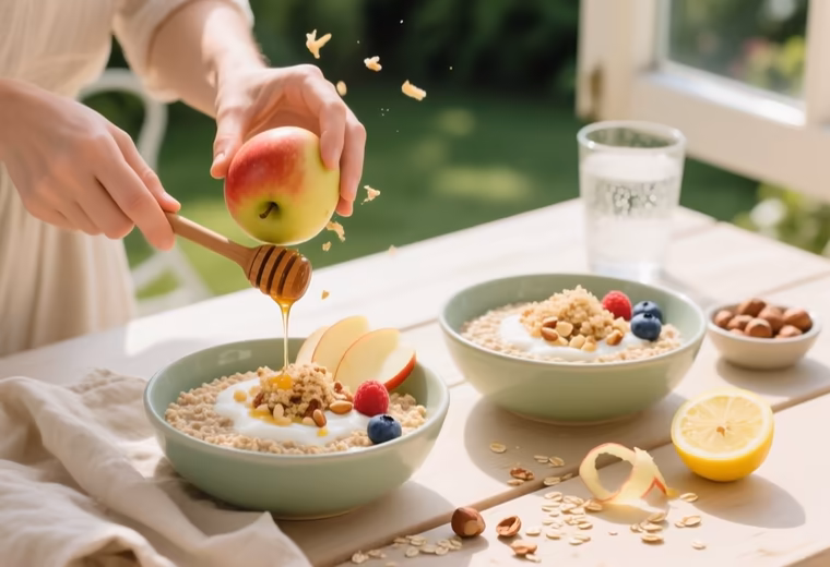 Summer Bircher with Grated Apple, Toasted Hazelnut & Lemon