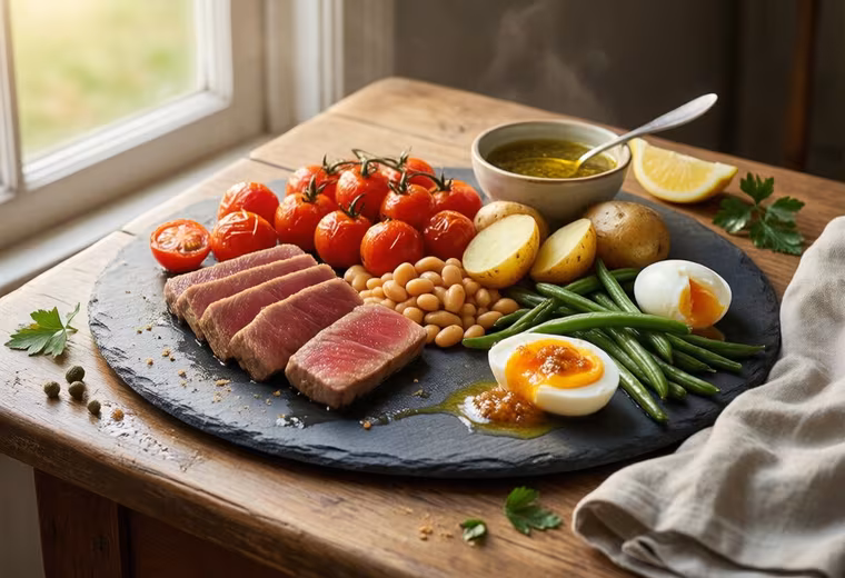 Summer Nicoise-Style Platter with Seared Tuna, Cannellini & Roasted Tomatoes