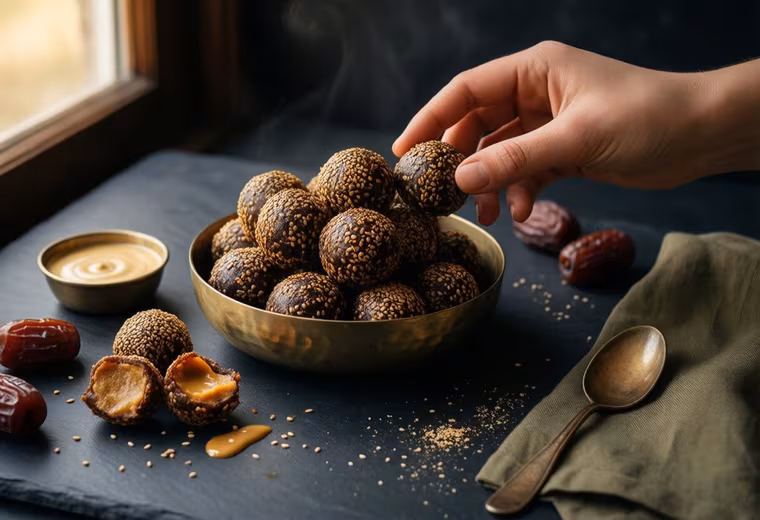 Tahini-Date Protein Truffles with Toasted Sesame