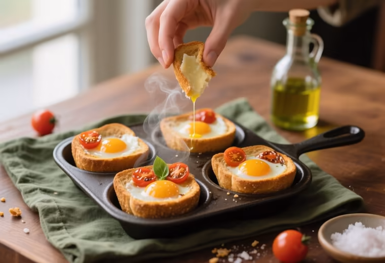 Tuscan Baked Egg-in-Toast Cups with Blistered Tomatoes