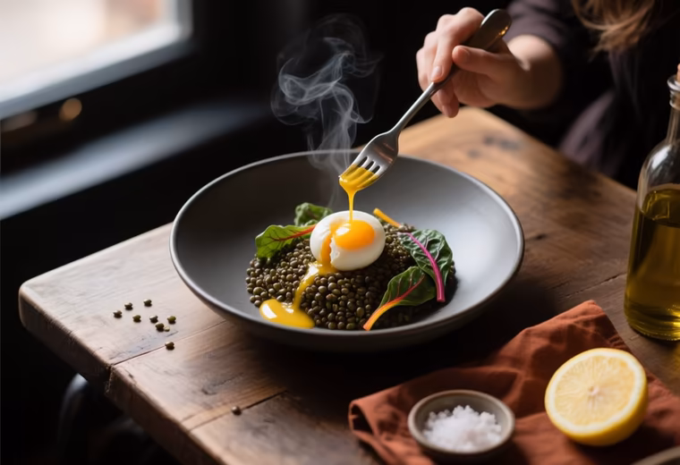 Warm Puy Lentil & Poached Egg Salad with Wilted Chard