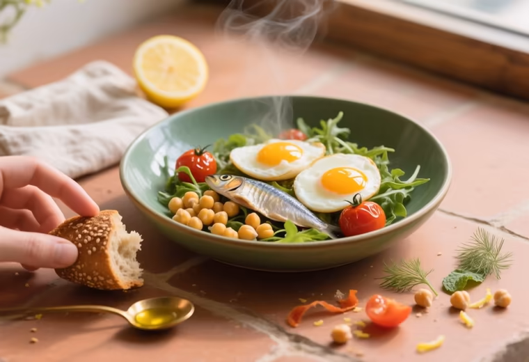 Warm Sicilian Sardine, Chickpea & Tomato Salad with Jammy Eggs