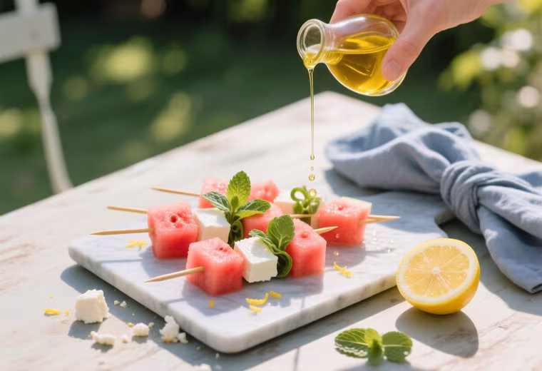 Watermelon, Feta & Mint Skewers with Lemon-Olive Oil Drizzle