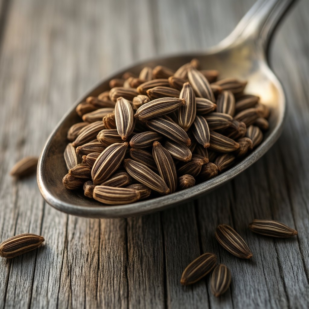 Close-up of brown caraway seeds