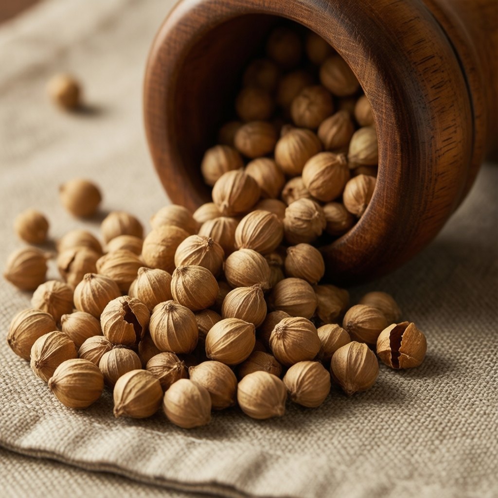 Close-up of round tan coriander seeds