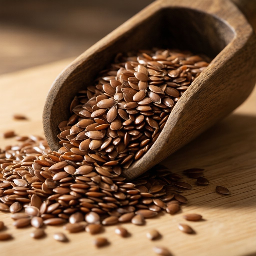 Close-up of brown flaxseeds