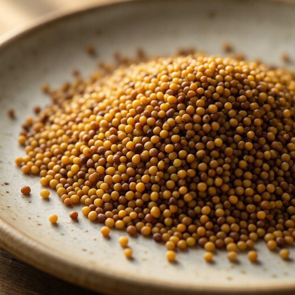 Close-up of round mustard seeds