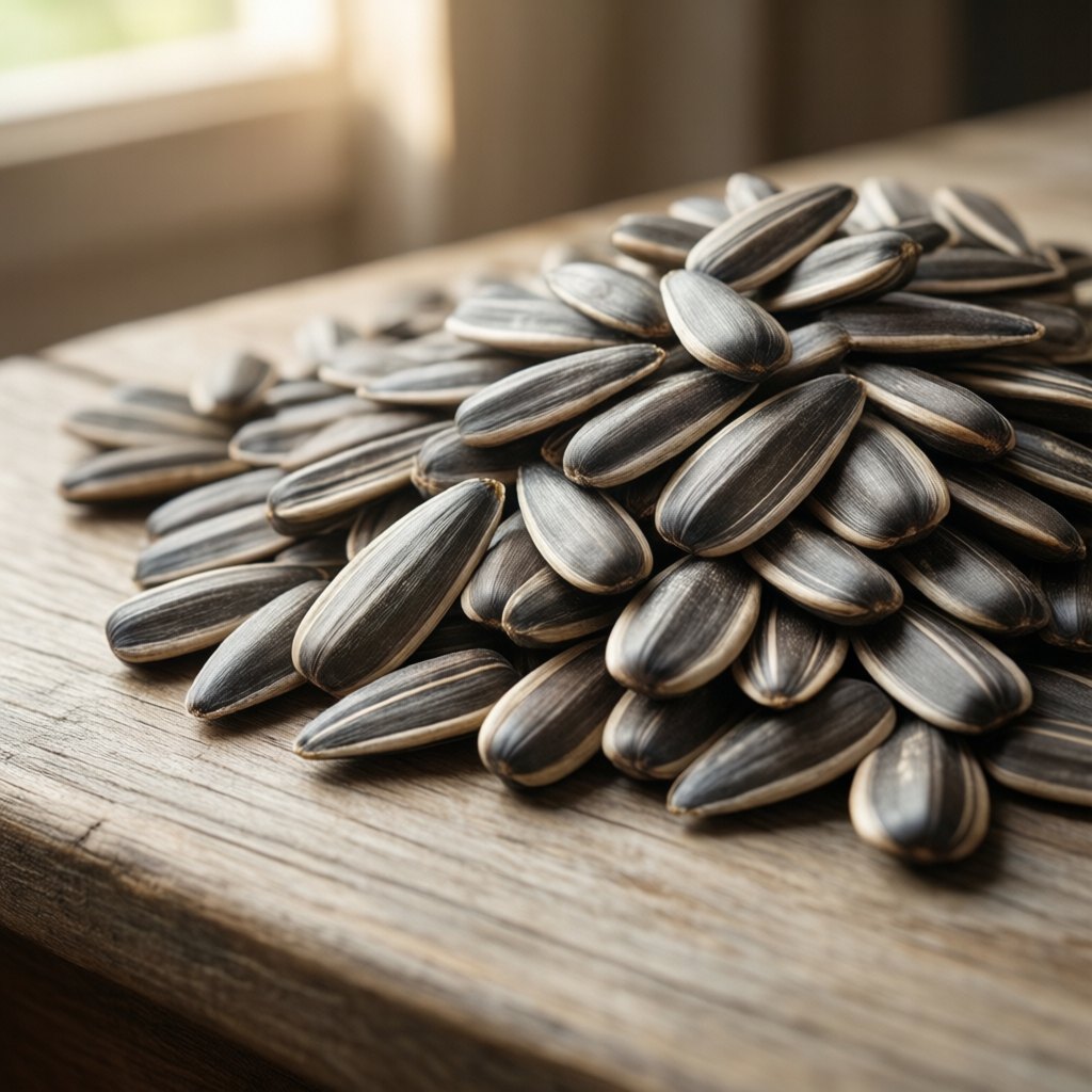 Close-up of grey striped sunflower kernels