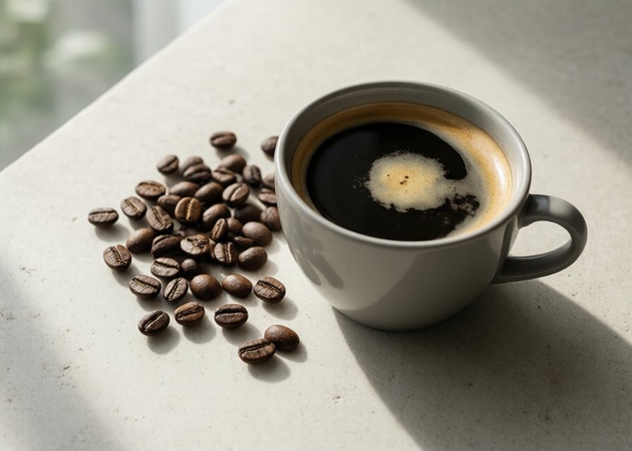 A cup of coffee with beans