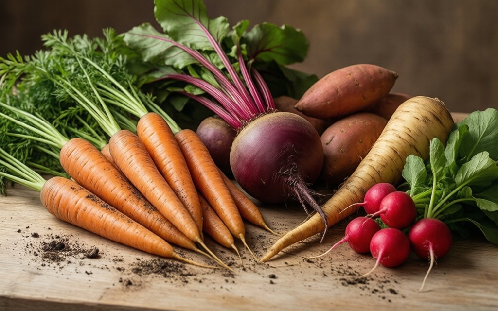 Root vegetables: carrots and beetroot