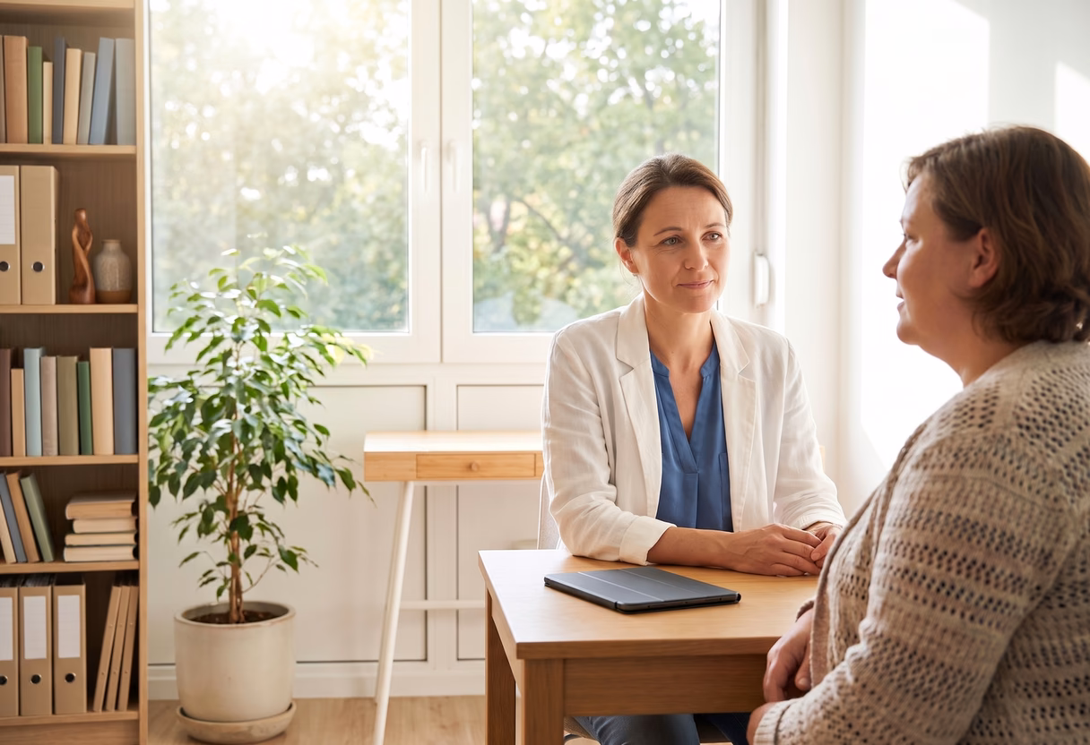 A doctor in a white jacket listens attentively to a patient across a desk in a bright consulting room with a full bookshelf, a tablet and a potted plant.