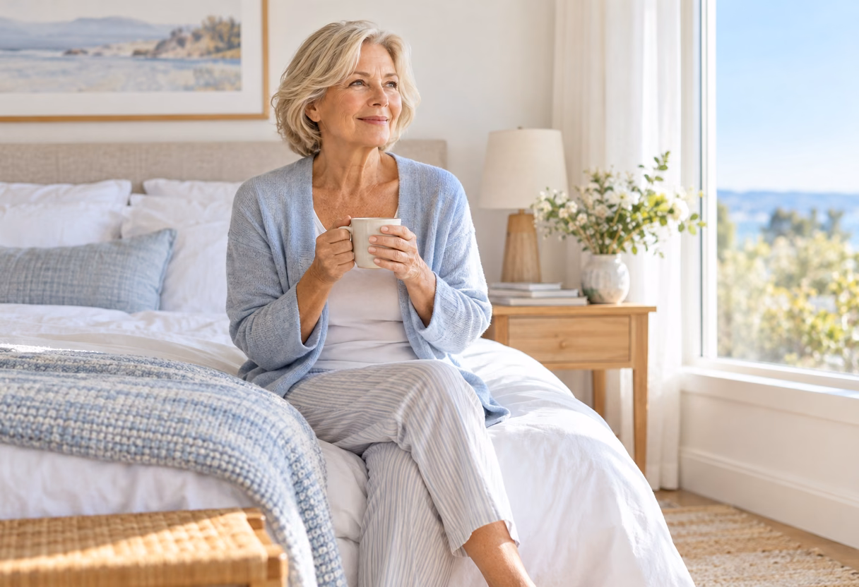 A gray-haired woman in light pajamas and a blue cardigan sits on the edge of a bed in a bright bedroom, holding a mug and looking out toward a sunny window.