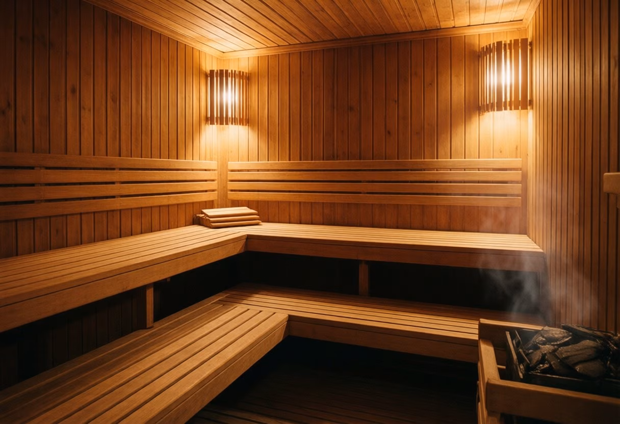 Interior of a warm wooden Finnish sauna