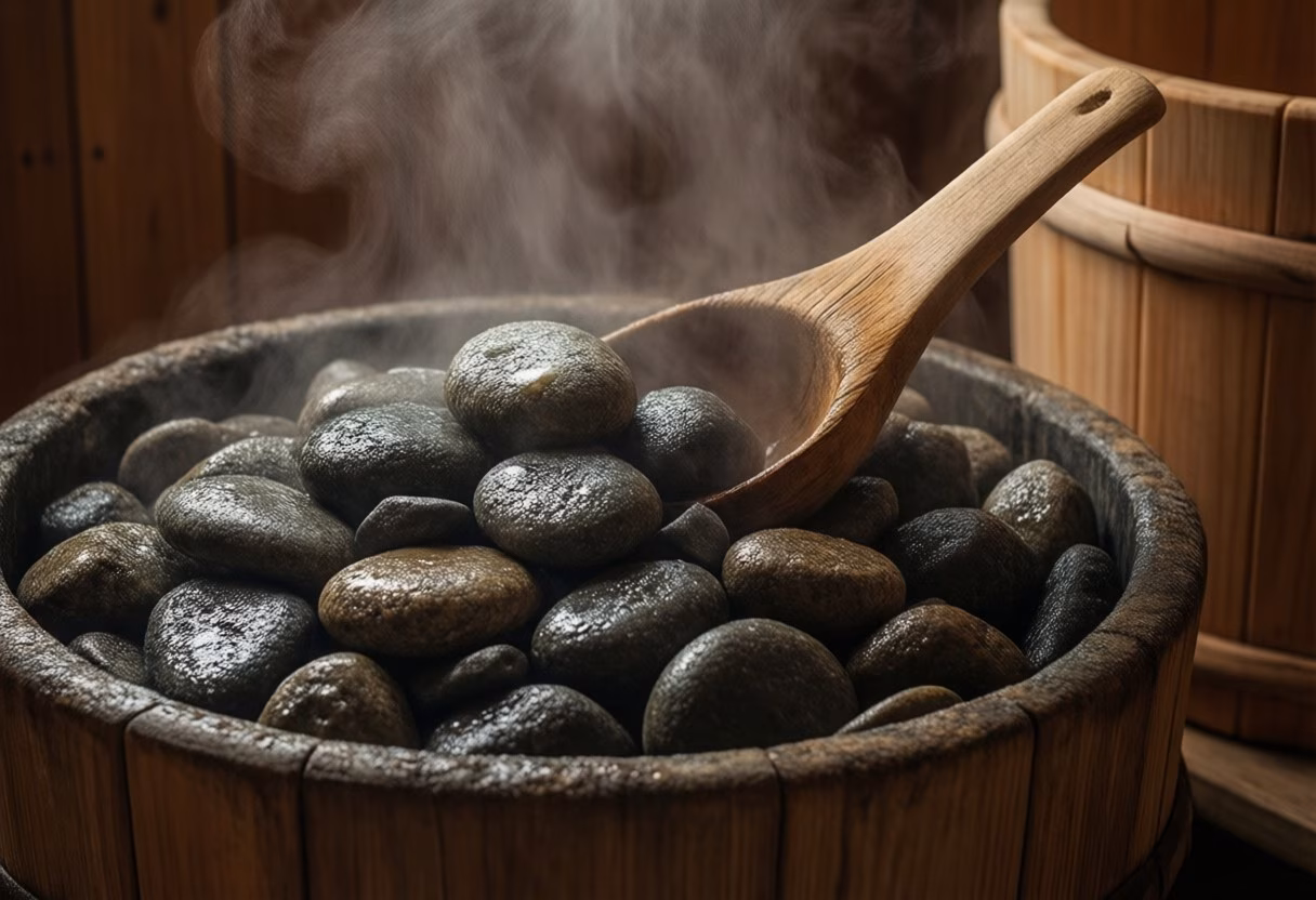 Sauna stones with steam rising
