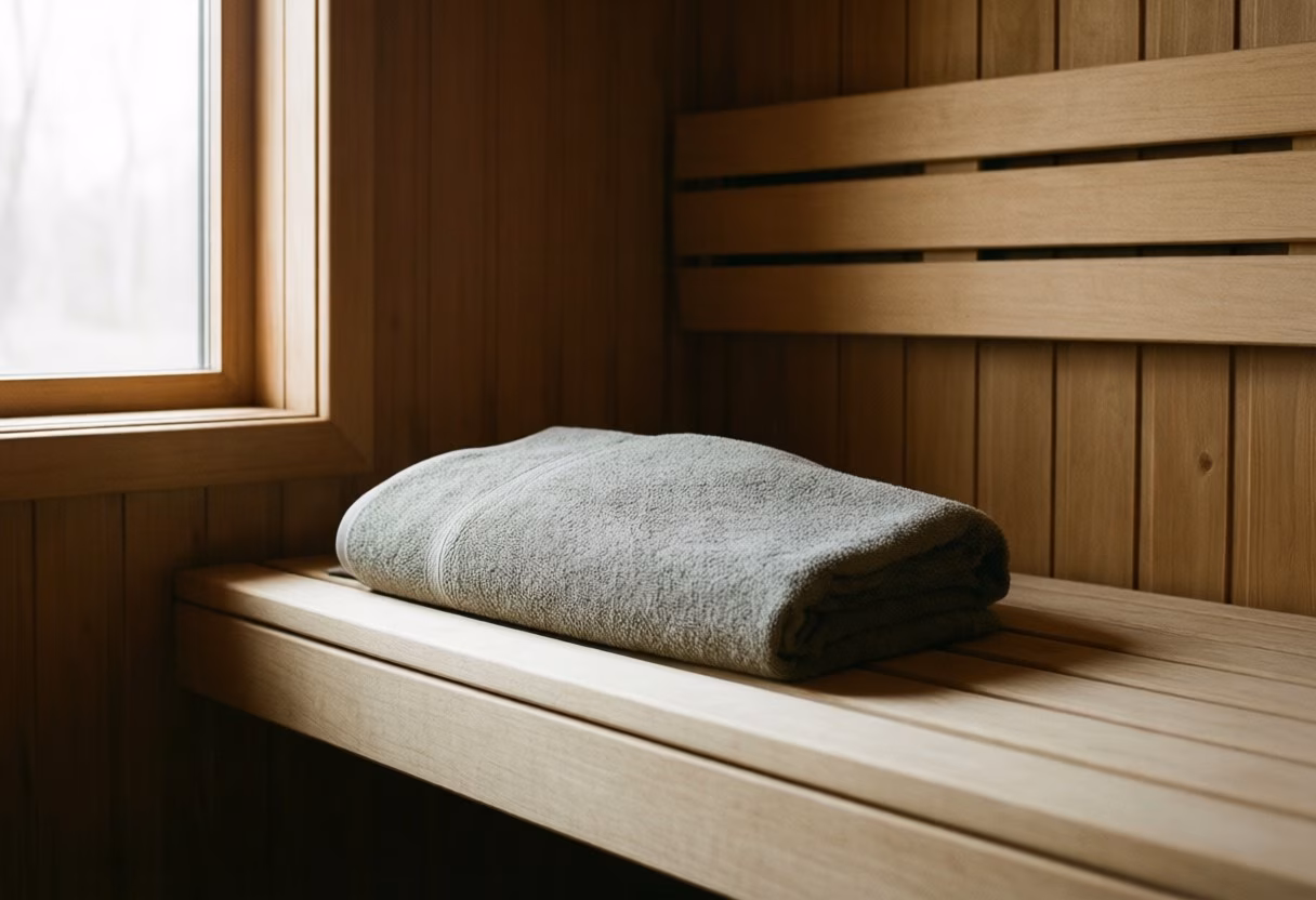 A quiet wooden sauna bench with soft light