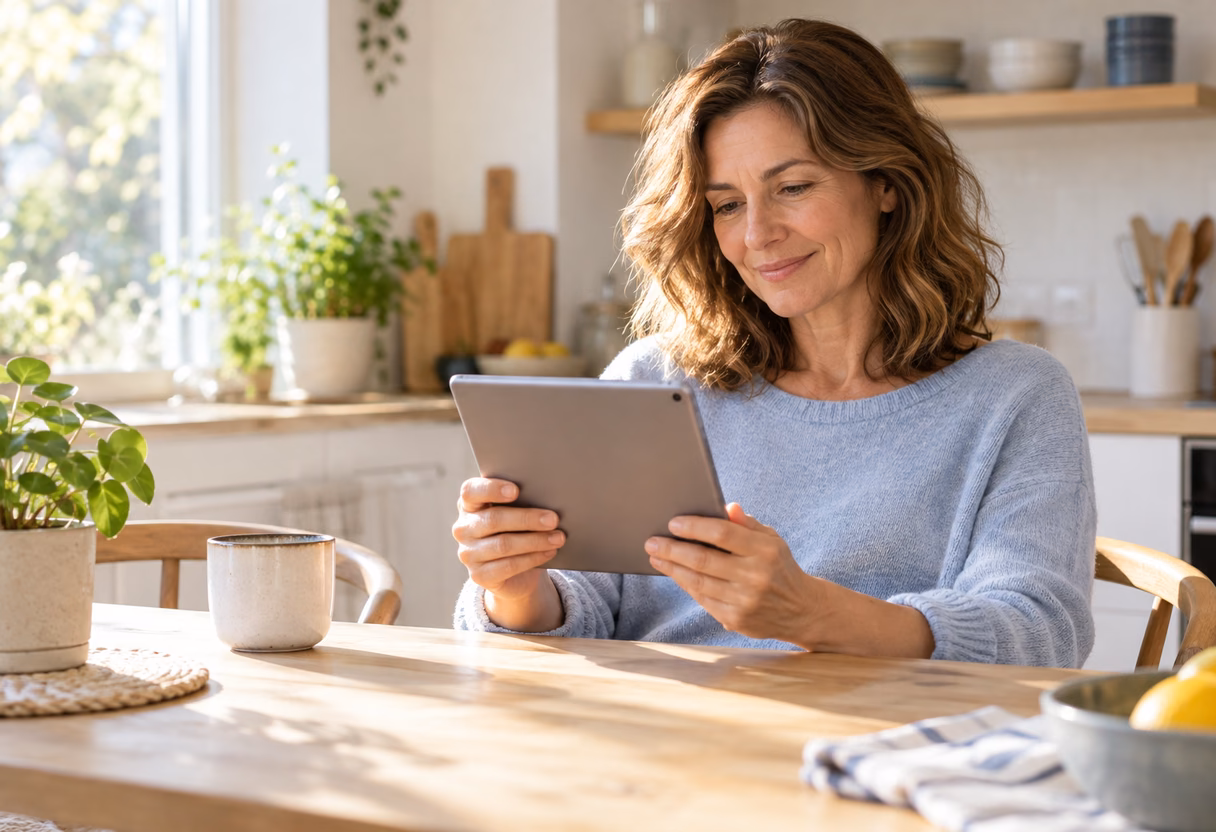 A woman in a light blue sweater sits at a sunlit kitchen table holding a tablet in both hands and smiling at the screen, with a ceramic mug and potted plants nearby.