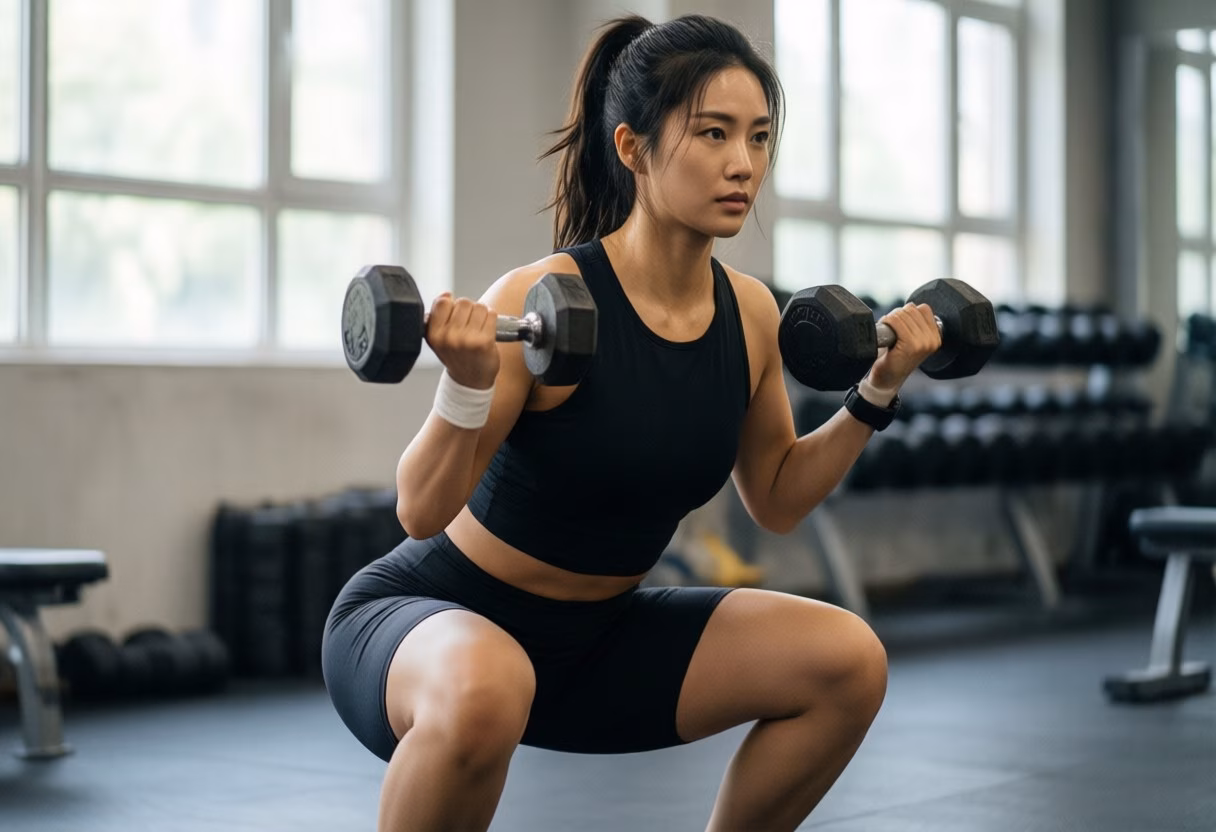 A person performing a dumbbell squat
